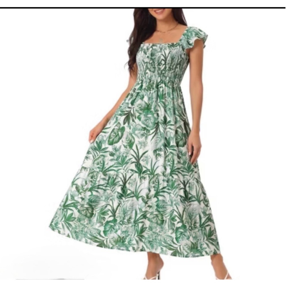 Green Boho Tropical Palm Print Smocked Summer Maxi Dress Jgee Size Sm